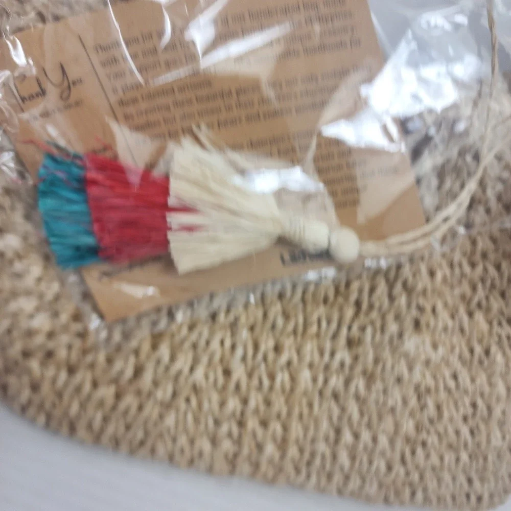 Likhang Legacies Straw Tote‎ Bag Women Medium Khaki Woven Wood Handle Boho NWT